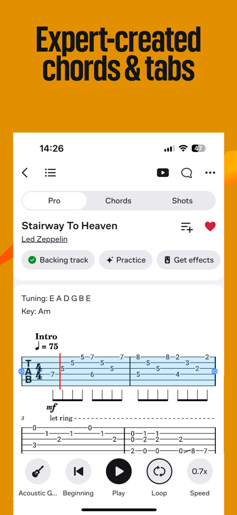 Professional guitar tabs interface in the Ultimate Guitar app showing chords and practice tools for Stairway to Heaven