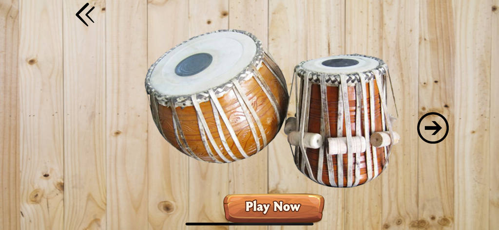 Tabla Drums Dhol Piano Guitar - A pair of virtual Indian tabla drums on a wooden background with a Play Now button