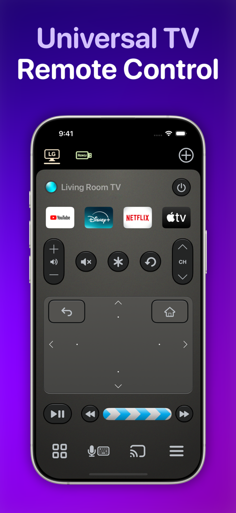 TV Remote Control “Universo” - Interface da aplicação de controlo remoto de TV universal Universo num iPhone com um touchpad e atalhos de aplicações de streaming