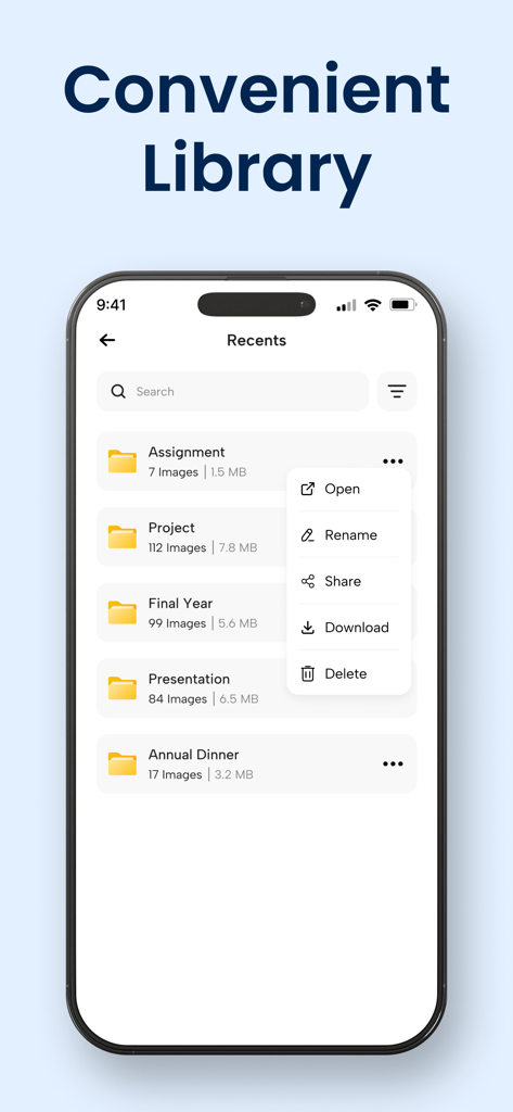 PDF to JPG Converter - JPEG - Convenient library screen showing organized folders of converted images in the PDF to JPG app
