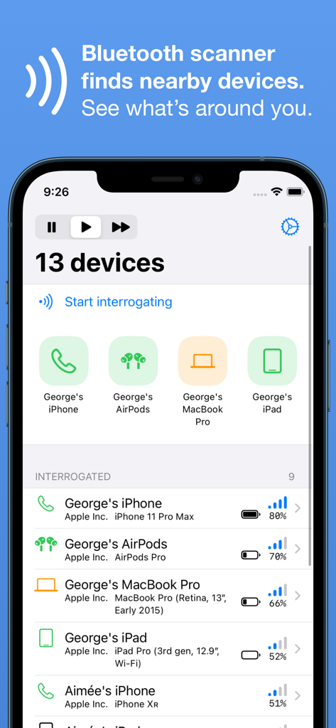 Bluetooth Inspector - Bluetooth Inspector app interface showing a list of discovered nearby devices with signal strength and battery levels