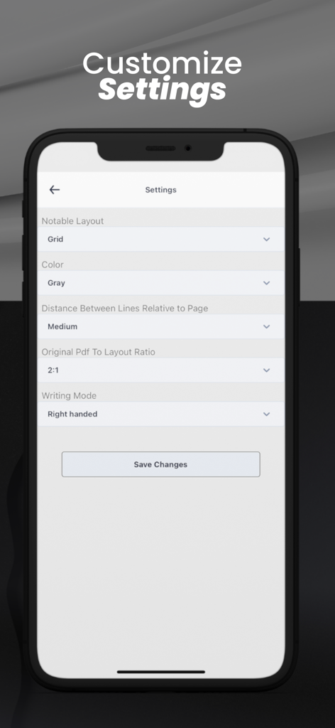 Notable PDF - Notable PDF app settings menu for customizing note layout and writing mode