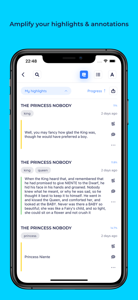 Screenshot der BookFusion-App mit organisierten Buch-Highlights und Anmerkungen.