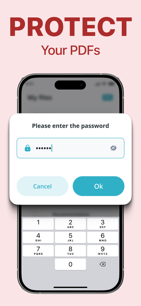 PDF Scanner & Document Editor - Écran de smartphone montrant une fenêtre contextuelle de saisie de mot de passe pour protéger les documents PDF.