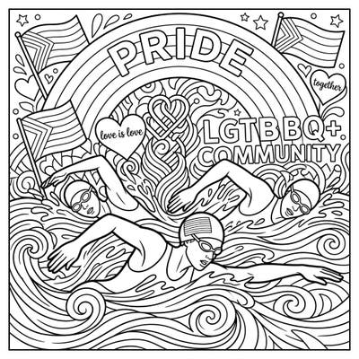 Celebrate unity and athletic spirit with this engaging coloring page featuring triathlon swimmers amidst vibrant Pride Month symbols. Express your creativity and support for the LGTBBQ+ community by bringing this dynamic scene to life with your favorite colors.