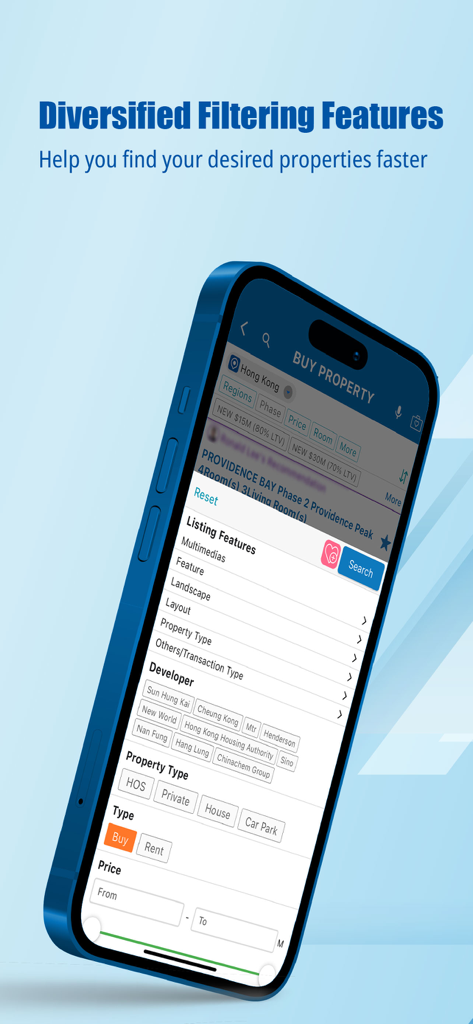 Ricacorp Real Listing - Ricacorp Real Listing app interface showing advanced search filters for Hong Kong property listings including price developer and property type