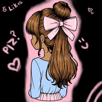 realistic girl  with hip length hair a bun and a big bow on the back of head