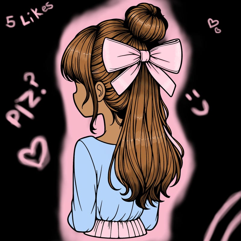 realistic girl  with hip length hair a bun and a big bow on the back of head