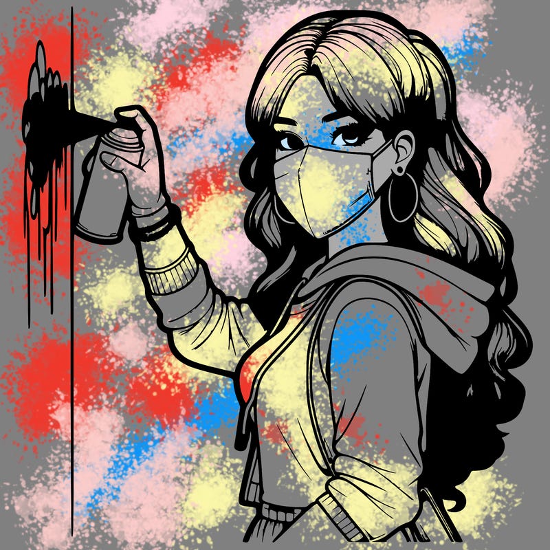 realistic girl with mask spray painting a wall