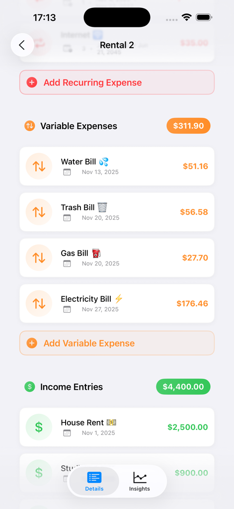 Rent Easy Ledger - Mobile dashboard of Rent Easy Ledger app showing categorized property expenses and rental income entries