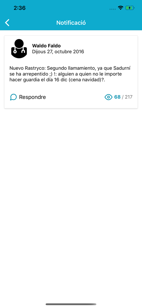 Captura de pantalla de la aplicación Sylbo mostrando una notificación de solicitud de turno en un entorno profesional de atención médica.