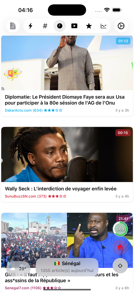 Interfaccia del feed di notizie dell'app Actu Sénégal che mostra gli ultimi articoli da varie fonti senegalesi