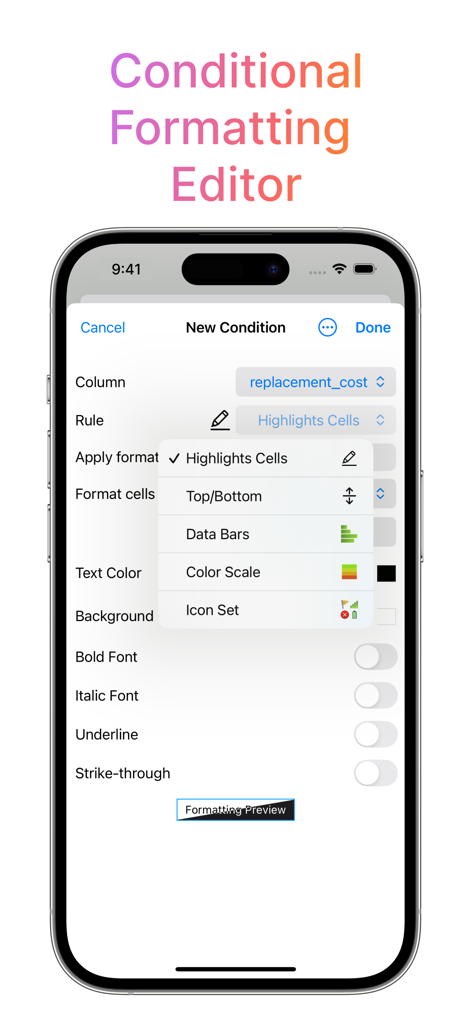 Captura de pantalla de la aplicación Cliente Móvil MySQL que muestra el editor de formato condicional para columnas de tablas de bases de datos.