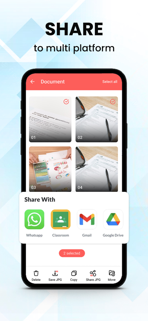 SnapScanモバイルアプリのインターフェース。WhatsApp、Google Classroom、Gmail、Google Driveの書類共有オプションが表示されています
