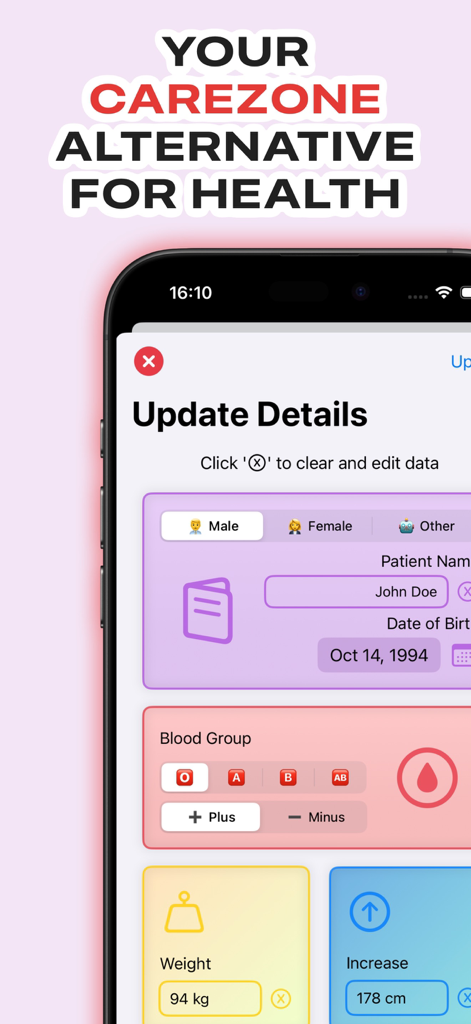 Medisafe Carezone: PillMemo - Update Details screen in the PillMemo app for managing personal medical information including blood group and weight
