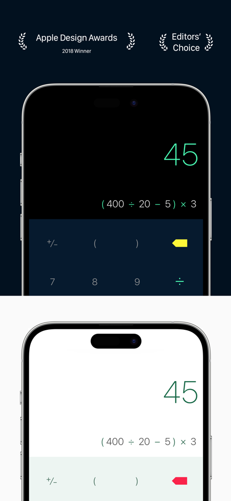 Calzy - Screenshots of Calzy calculator app showing dark and light modes with Apple Design Awards and Editors Choice badges