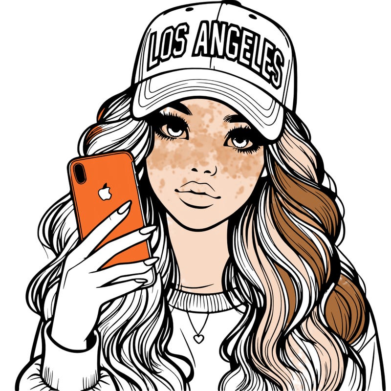 realistic beautiful girl wearing los ángeles cap holding an iphone