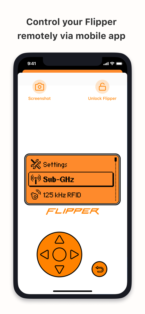 Screenshot of the Flipper Mobile App interface showing remote control features like screenshot, unlock, and a directional pad for device navigation.
