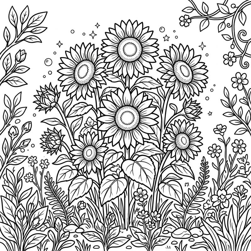 Celebrate the fresh energy of spring with this delightful dwarf sunflowers coloring page. It features a cheerful arrangement of compact sunflowers and blooming foliage, perfect for bringing seasonal joy to life.