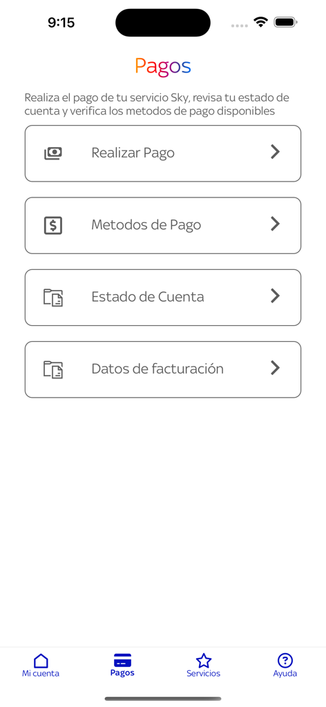 App SKY mobile interface showing the payments menu with options in Spanish for paying bills and viewing account statements