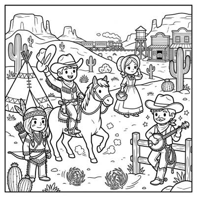 Embark on an exciting coloring adventure with this Wild West scene, specially crafted for kids. Featuring cheerful cowboys, Native Americans, and pioneers, it's packed with desert elements and fun characters ready for your child's creative touch.