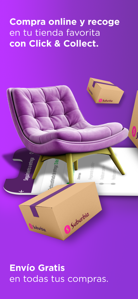 Suburbia app marketing screen highlighting free shipping and click and collect services