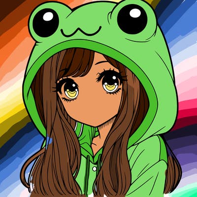 a pretty girl wearing a frog hoodie portrait with long hair