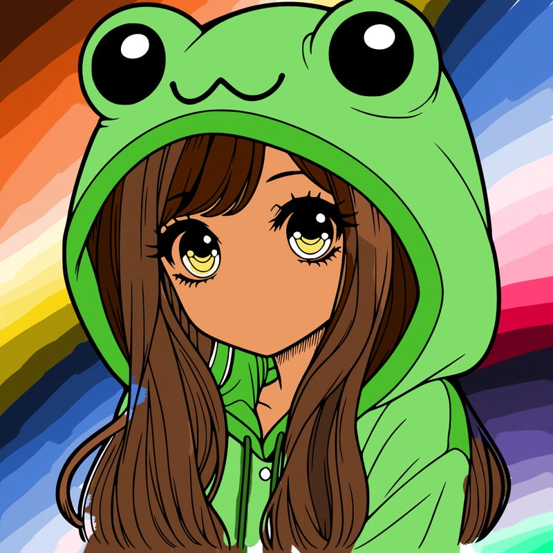 a pretty girl wearing a frog hoodie portrait with long hair
