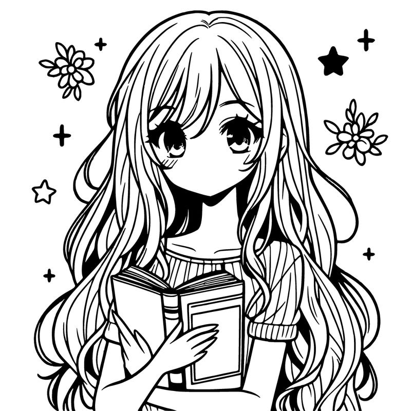 girl with long hair holding a book manga style