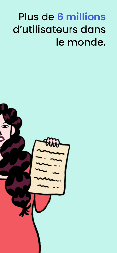 Frantastique Orthographe - Cartoon-Illustration einer Frau, die ein Dokument hält, mit Text, der über 6 Millionen Nutzer weltweit für Frantastique Orthographe angibt.