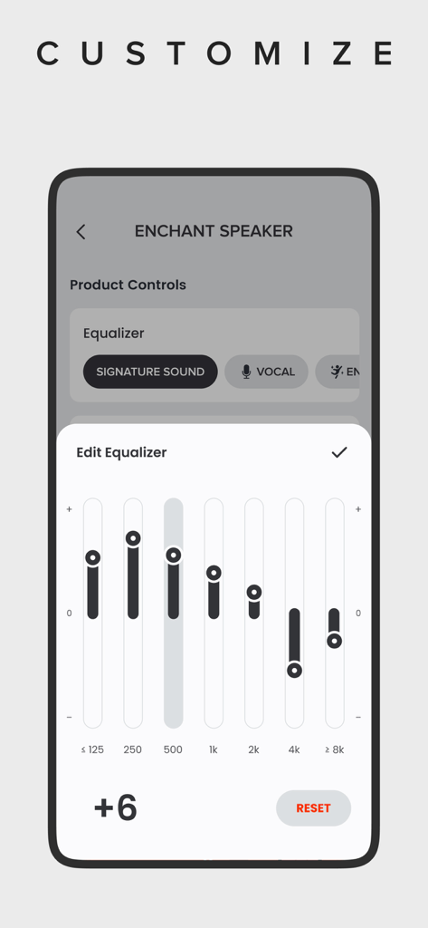 Harman Kardon One app screen showing the equalizer settings with adjustable sliders for different sound frequencies