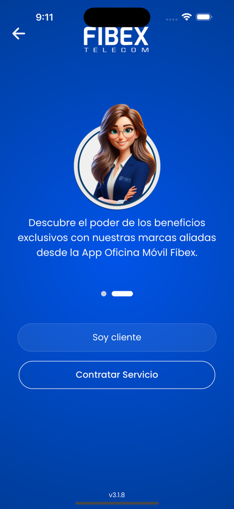 Pantalla de bienvenida de la aplicación Fibex Oficina Movil mostrando opciones de inicio de sesión del cliente y contratación de servicios