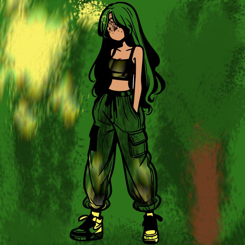 girl in baggy pants crop top and long hair