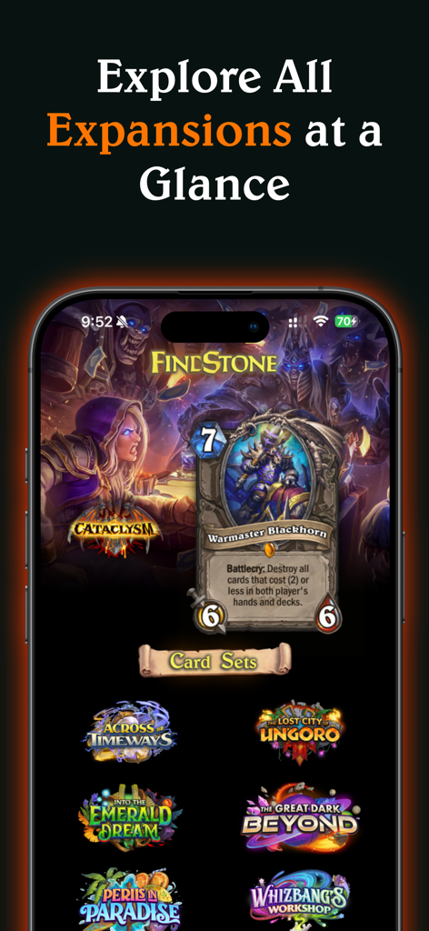 FindStone - HS Card Companion - FindStone app interface displaying various Hearthstone expansions and a detailed legendary card view.