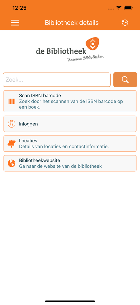 Zeeuwse Bibliotheken - Main menu of the Zeeuwse Bibliotheken app showing search bar and ISBN scanner options
