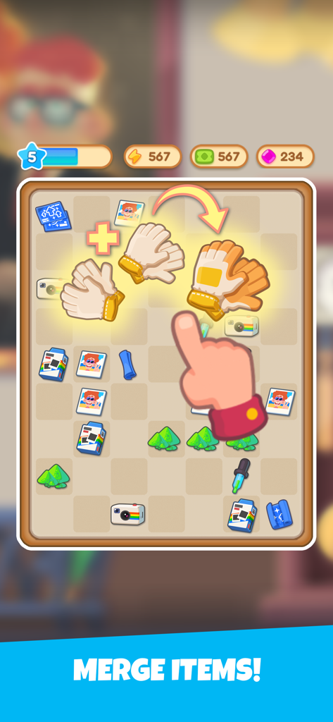 Une capture d'écran du gameplay montrant la fusion de deux gants de travail sur un tableau d'énigmes dans Hotel Rush Merge Story