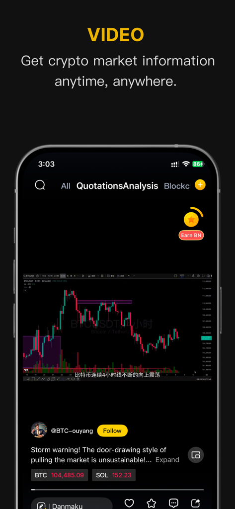 CoinMeta - Blockchain News - CoinMeta app interface showing a video of cryptocurrency market analysis with price charts and the Read to Earn reward feature.
