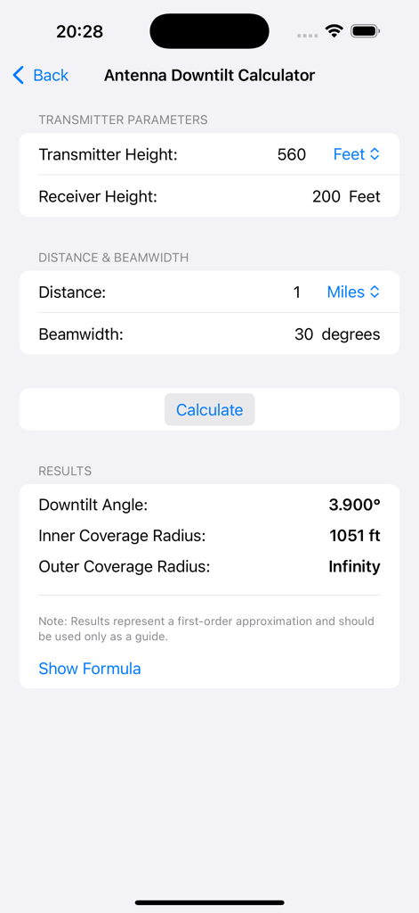 RF & Ham Radio Toolkit - Antenna Downtilt Calculator screen in the RF and Ham Radio Toolkit mobile app