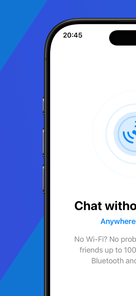 Proxima - Offline Messenger - Proxima app interface explaining how to chat without internet using Bluetooth and Wi-Fi