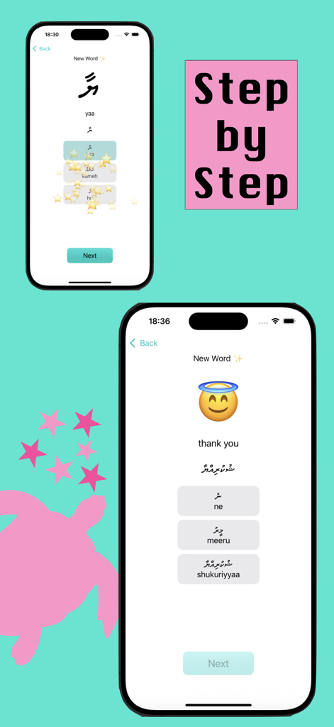 Two iPhone screens displaying the Dhivehi language app interface for learning Thaana script and phrases step by step.