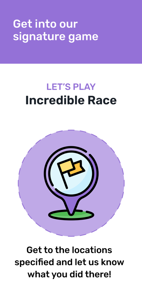 Deckle: Event games - Incredible Race game feature introductory screen in Deckle app