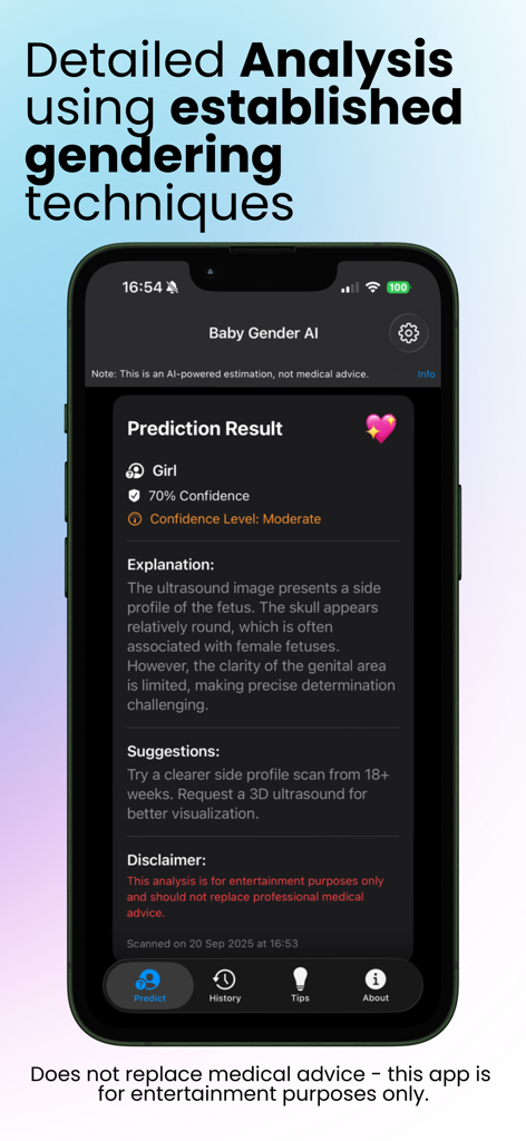Baby Gender AI Scanner - Baby Gender AI Scanner app displaying a prediction result for a girl with seventy percent confidence