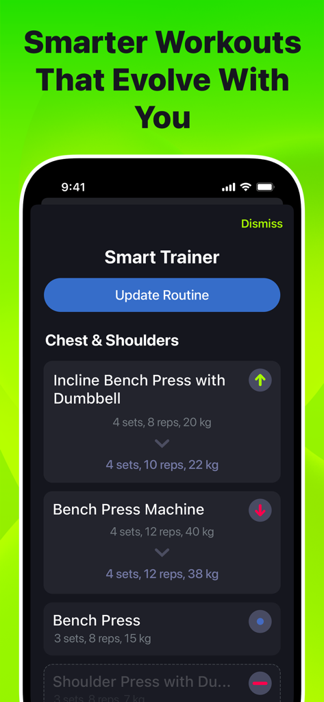 SmartGym app interface showing the Smart Trainer suggesting routine updates for weightlifting exercises