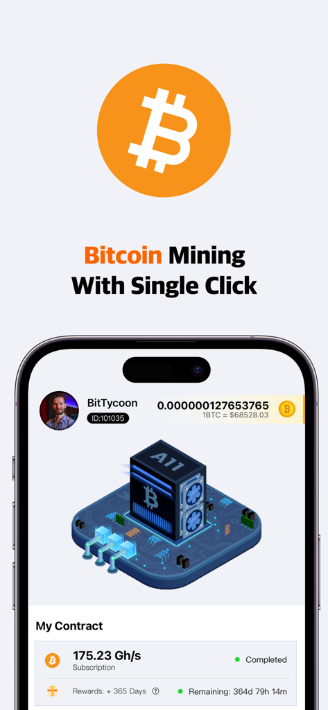 BitTycoon Lite - Interfaccia dell'app mobile BitTycoon Lite che mostra il dashboard di cloud mining di Bitcoin e i contratti di mining attivi.