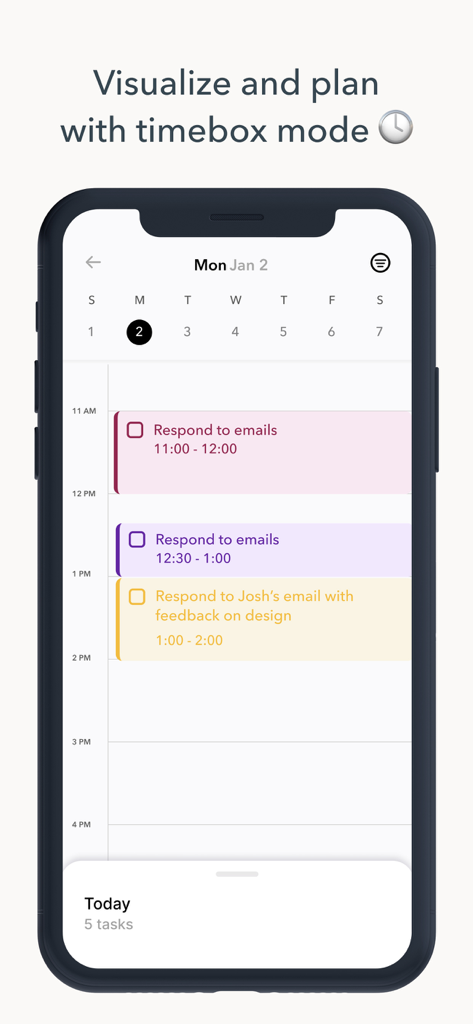 Ellie Daily Planner app interface showing tasks scheduled in timebox mode on a digital calendar.