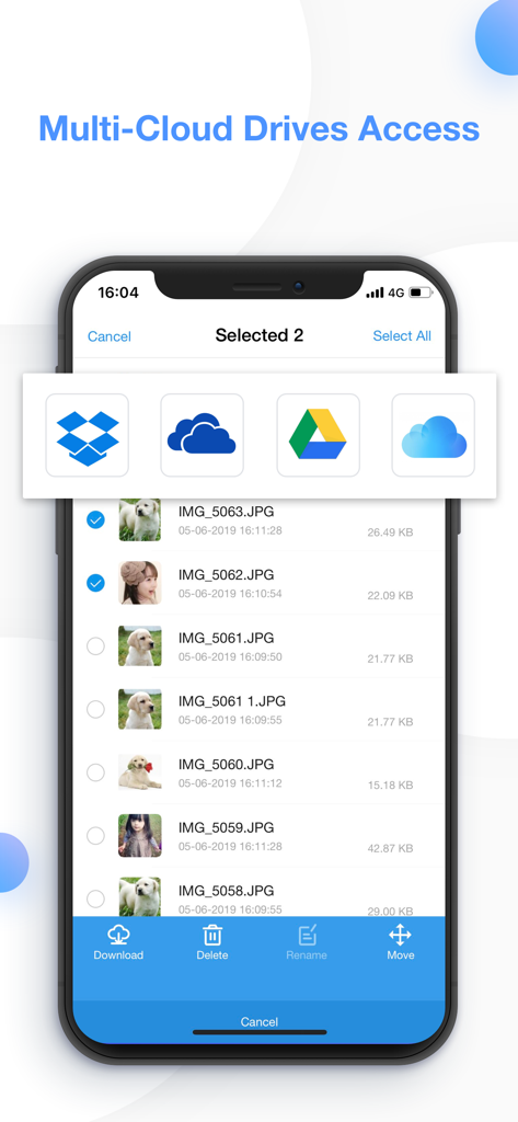 AnyTrans app interface showing multi-cloud access to manage files across Dropbox OneDrive Google Drive and iCloud