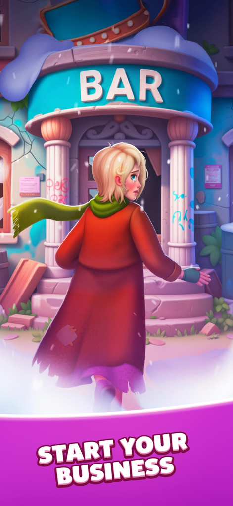 Tiles of Hope - Matching Games - A sad blonde woman in a red coat standing in front of a run-down bar with the text Start Your Business