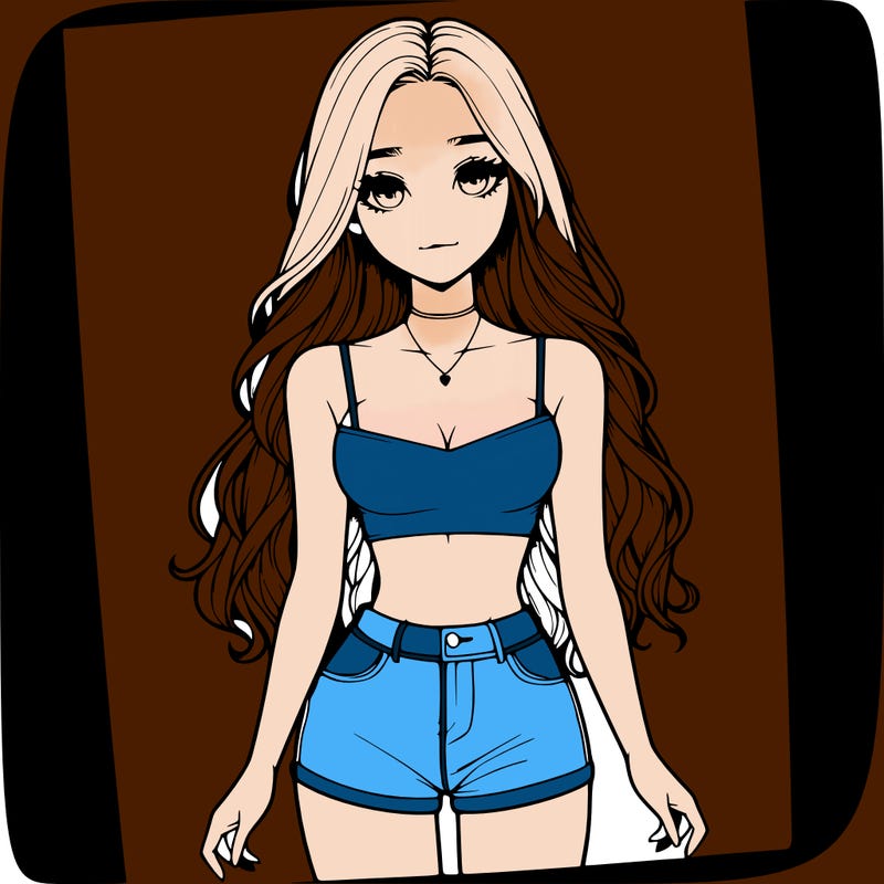 a realistic girl with long hair and in a crop top and shprts