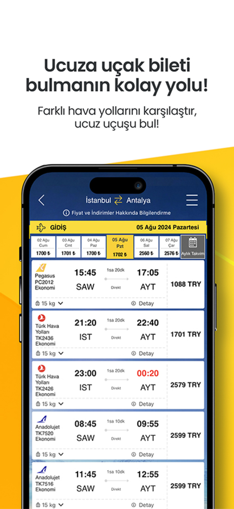 Ucuzabilet app screenshot showing flight comparison results from Istanbul to Antalya with various airline prices.