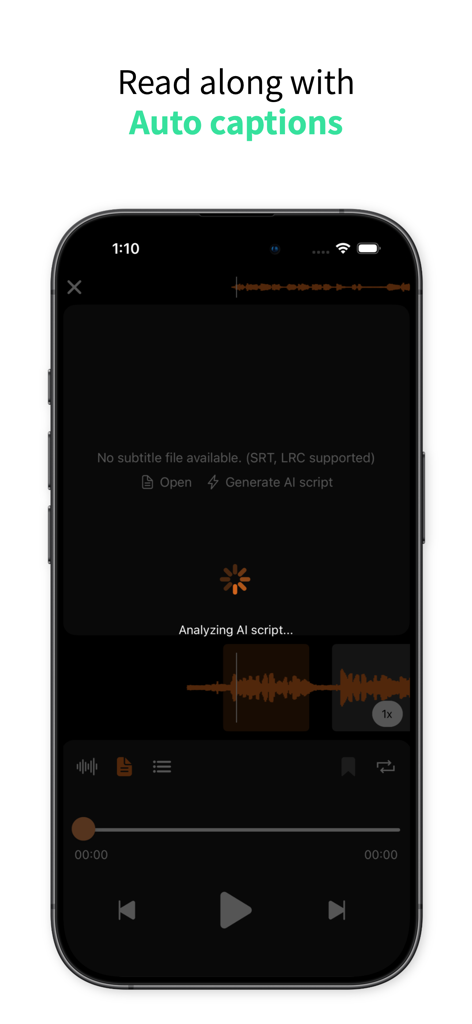 Listen Repeat - AB Repeat - Interfaz de la aplicación Listen Repeat que muestra subtítulos automáticos con IA y extracción de guiones de archivos de audio